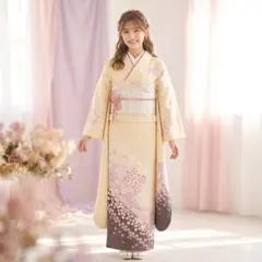 振袖フルセット 成人式 正絹 黄色 クリーム 帯 花　裄67cm S-137