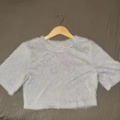 ふわふわ シャギーニット 半袖クロップド丈トップス ライトブルー S