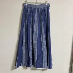 古着　フレアスカート デニム調　ブルー　花柄ストライプ