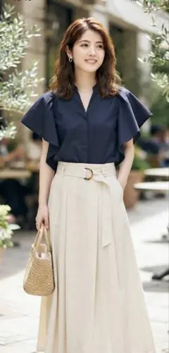 美品✨Spick & Span ネイビー フリルスリーブブラウス100%コットンのサムネイル