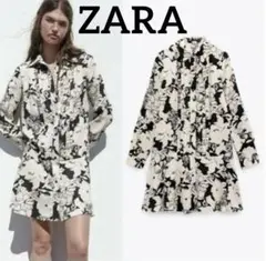 ZARA 花柄 ワンピース 黒 白 モノトーン フラワー シャツ ボタニカル柄
