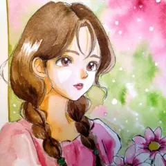 手描きイラストA4　水彩画『春色のまどろみ』