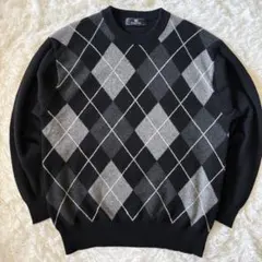 アーガイル柄 カシミア混 上質 ニット セーター L ブラック クラシック