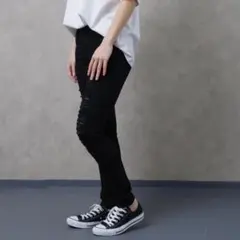 クラッシュ加工 ストレッチ スキニーパンツ ブラック ダメージ