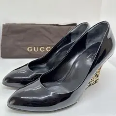 美品☆GUCCI☆パテントレザーレオパード柄ハラコウェッジパンプス(351