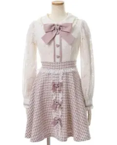 最終値下げ リズリサ レース×ツイードドッキングワンピース ピンク