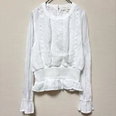 刺繍 レースブラウス 長袖 フリル袖 シャーリング ホワイト【S】古着 春服