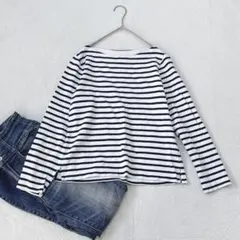 H04 UNIQLO コットン ボーダーカットソー 長袖 Tシャツ ネイビー M