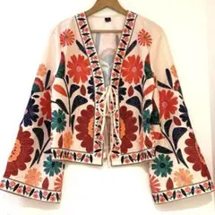 フレアスリーブカーディガン ボヘミアン カラフルフラワー 個性的 ★新品未使用★