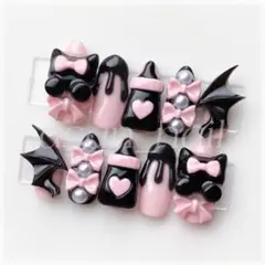 〖 現品 〗ネイルチップ186量産型地雷系サブカルブラック黒ピンク韓国y2k