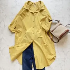 美品 23区 麻100% リネン フレンチスリーブ シャツ 40 マスタード 