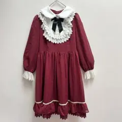 フリル付きワインレッド長袖ワンピース
