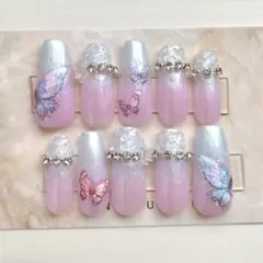 ネイルチップ現品オーダーフレンチガーリー蝶ピンク 水色韓国ワンホンバレリーナ