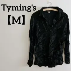 Tyming's【M】ブラック 長袖シャツ シルク風 サテン調 しわ加工