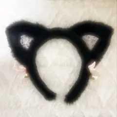 ドン・キホーテ 猫耳カチューシャ 黒 リボン パール レース 付き