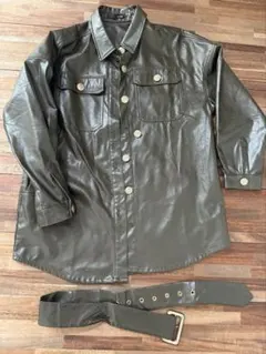 one spo オリーブ　フェイクレザー　レザージャケット ベルト付き