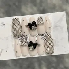 【現品】ピンク×ブラック チェック ガーリー 量産型 ネイルチップ