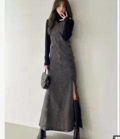 デニム ジャンパースカート ロング丈 スリット入り