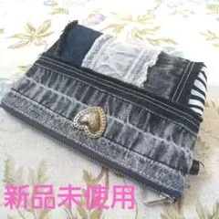 신품 미사용 リメイクデニム パッチワーク ポーチ ハートコンチョ付き