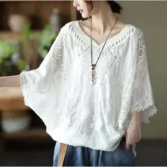 レディースシャツ（ホワイト/フリーサイズ）春夏秋シンプル花柄幾何学しぼり097