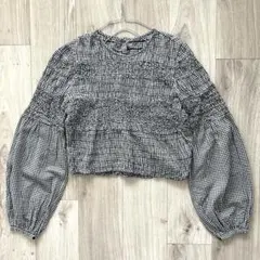 ZARA ギンガムチェック バルーンスリーブ 長袖ブラウス M ショート丈 白黒