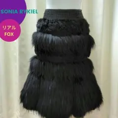 ♣新品未使用　リアルファー　フォックス　ひざ丈　フレアスカート　レザー ブラック