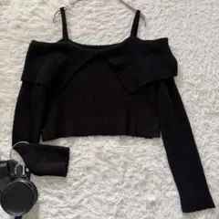 GRL　オフショルリブニット　M　ブラック　長袖　ショート丈◆A3013