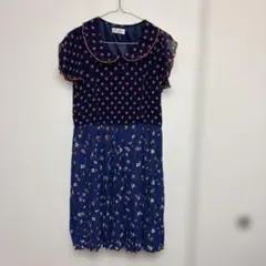 キュート♪Par Avion 水玉花柄切替半袖ワンピース ひざ丈