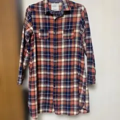 送料込ICHI チェック柄 長袖シャツワンピースレッドネイビー
