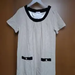 ベージュ 半袖ニットチュニック　ニットミニワンピース　起毛チュニック