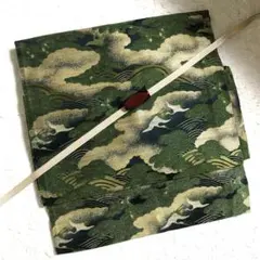 アンティーク正絹　二部式作り名古屋帯　渋緑の松、金の雲海・波に番いの鶴模様