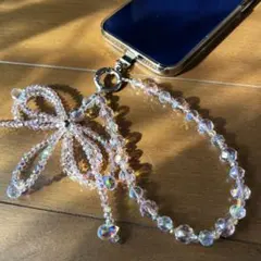 リボンピンクビーズ/キラキラハンドストラップ/ビーズチャーム/スマホやバッグに