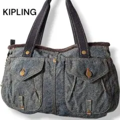 KIPLING　キプリング　ハンドバッグ　デニム調　ブルー系　ゴリラチャーム付き