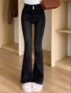 shein フレアデニムパンツ　ブラック　ハイウエスト　フレア