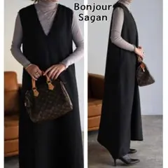 ボンジュールサガン ★ ディープVネック ツィード フレアワンピース ブラック