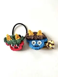 鬼の顔 ヘアクリップ ヘアゴム 2個セット