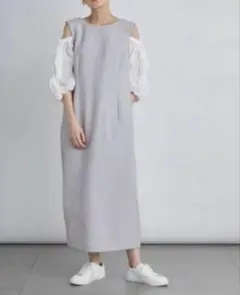 グレー オフショルダー バルーンスリーブ ワンピース