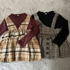 サロペット風長袖カットソー 黒とチェック柄