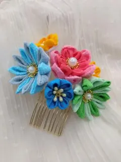 ハンドメイド　つまみ細工　かんざし　春　ピンク　緑　青色