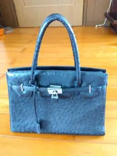 オーストリッチレザー ハンドバッグ 黒 ダブルハンドルA4