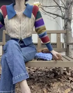 カラー ニット ダブルジップ クロップ カーディガン Y2K トップス 冬