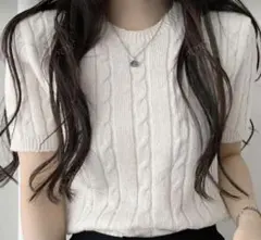 ホワイト ケーブルニット 半袖トップス サマーニット