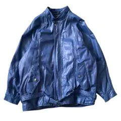 海外古着 レザー 本革 スタンドカラー ボンバージャケット ブルー