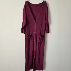 ロングカーディガン　リブ編み　赤紫　ロングワンピース　M　羽織り　秋