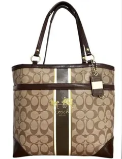 コーチCOACHシグネチャーストライプPVCレザートート美品チャーム付