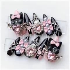 〖 現品 〗ネイルチップ154量産型地雷系サブカルブラック黒ピンク韓国y2k