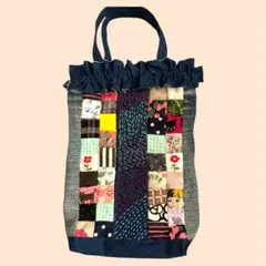【デニムアップサイクル】パッチワーク×刺し子×デニムのトートバッグ　ハンドメイド