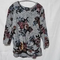 トップス 花柄 チュニック ラウンドネック 七分袖 ツイスト お出かけ
