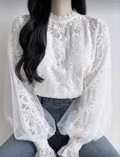 ホワイト レース バルーン袖 シャツ