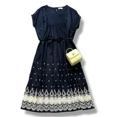 極美品◆アフタヌーンティーワードローブ ワンピース リネン混 刺繍 M ネイビー